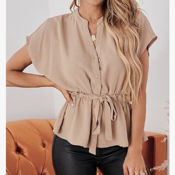 Neutral V-Neck Button Down Blouse | Dressy Casual Short Sleeve Top - Picture 3 of 10